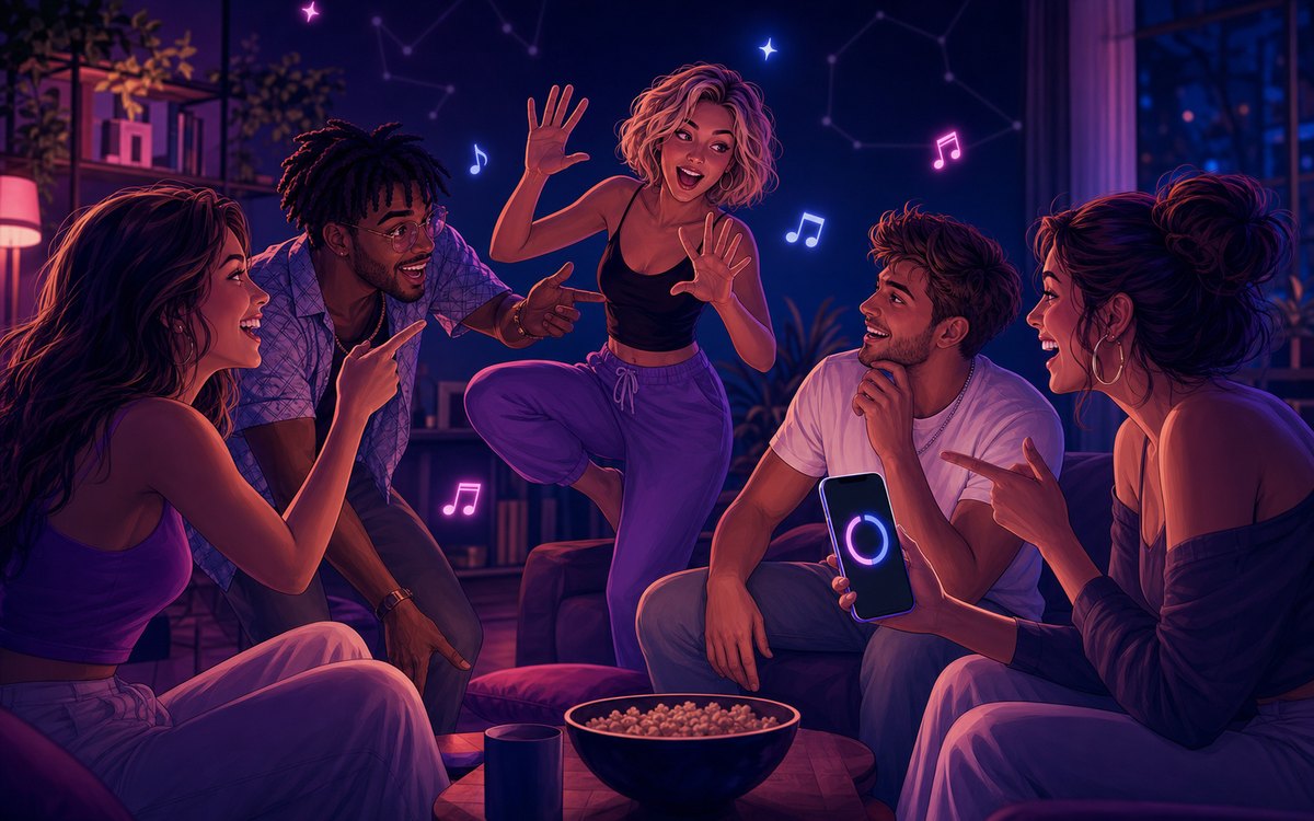 Friends playing a charades game with a phone